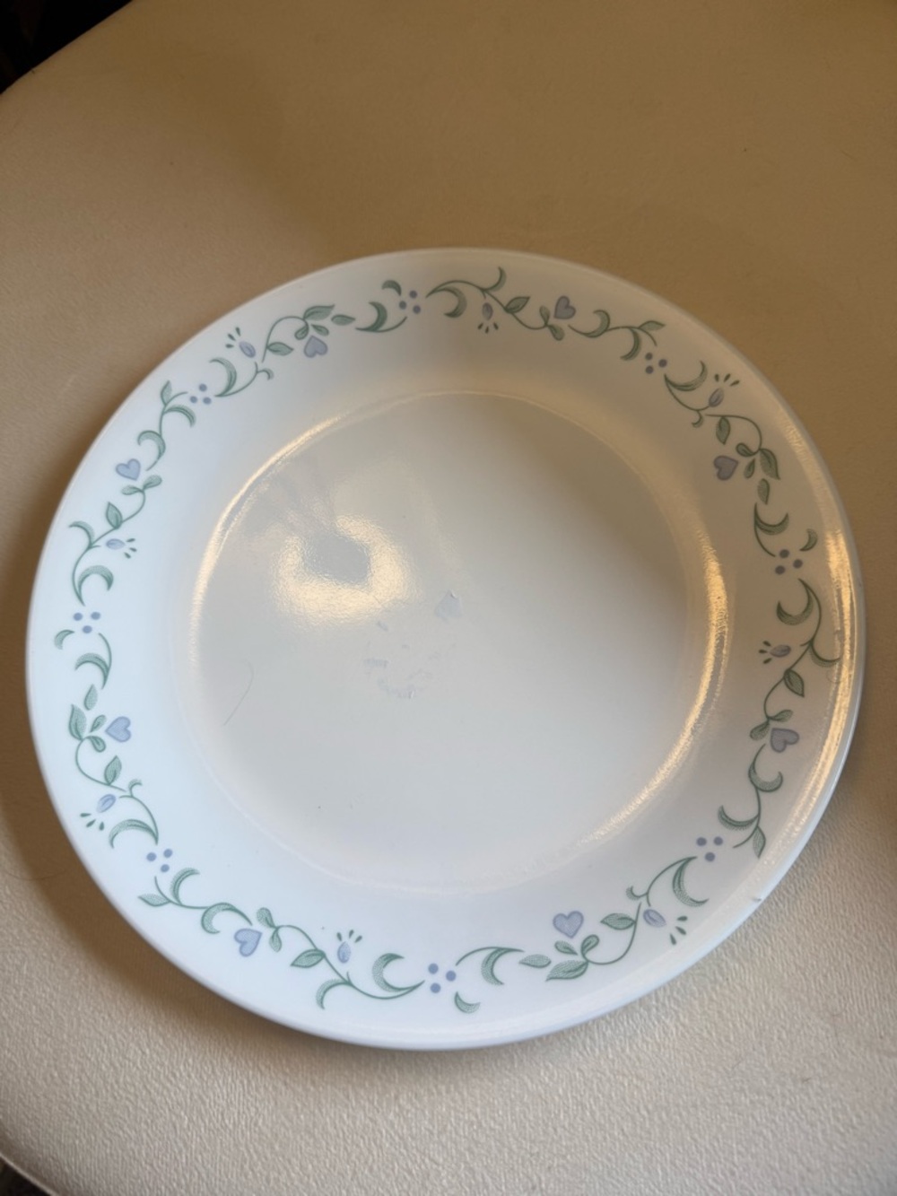 Corelle White Dinner Plate with Green Vine and Lavender Hearts